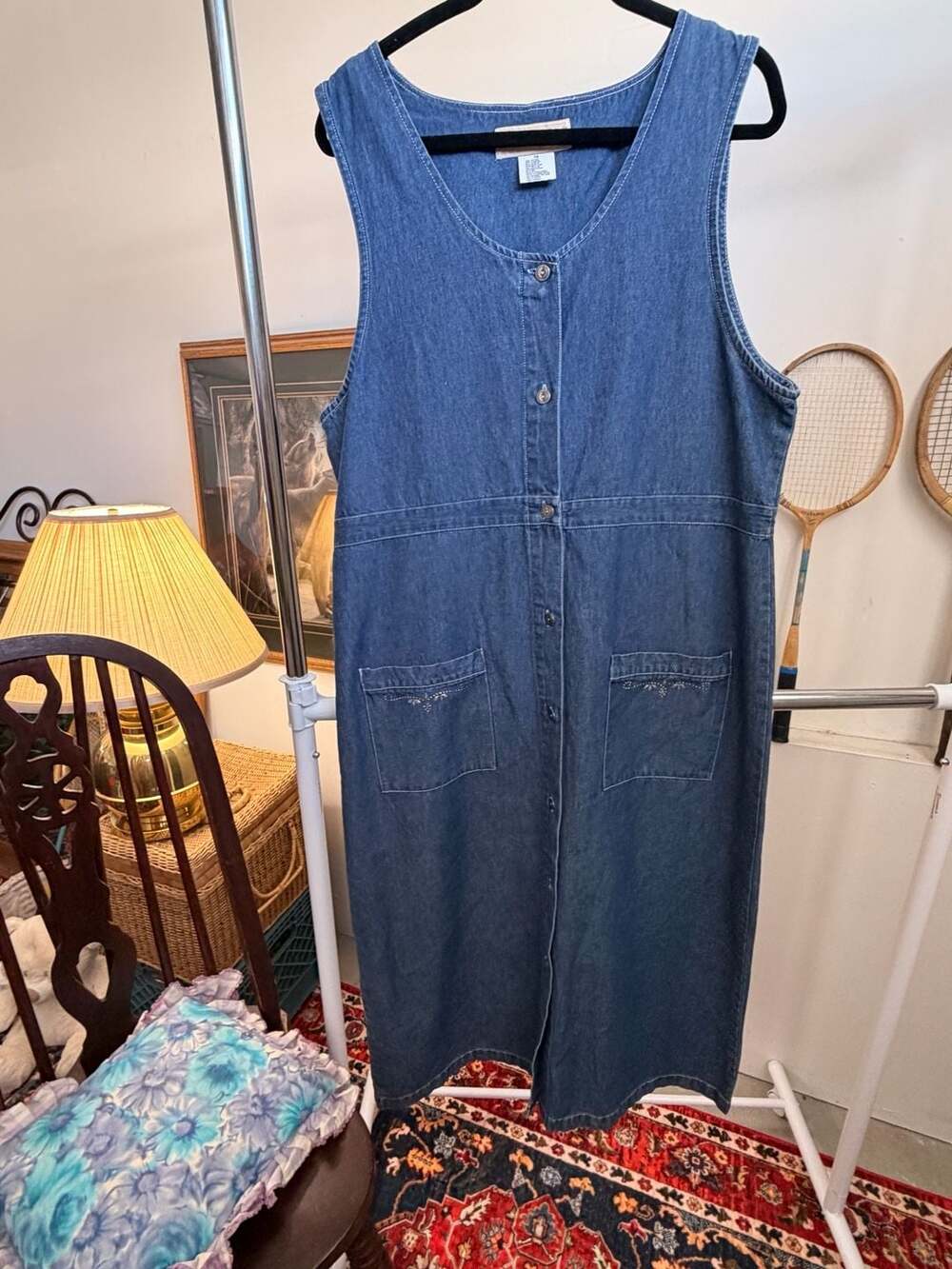 Vintage Denim Dress Plus Size Western Country Silver Button Front Studs Midi